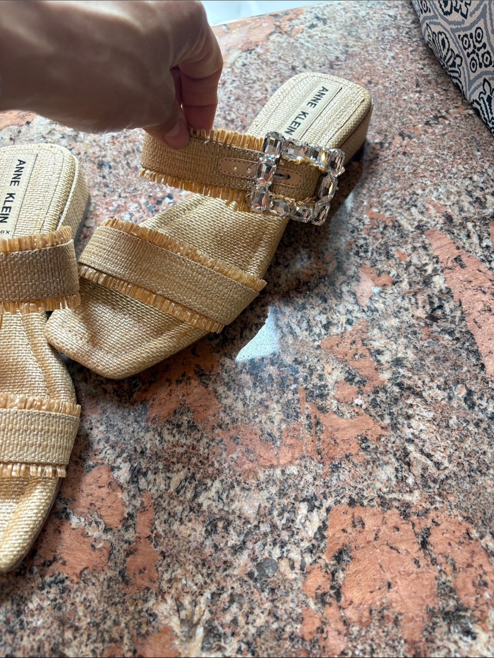 Anne Klein Gold Raffia Slide Mules with Crystal Buckle